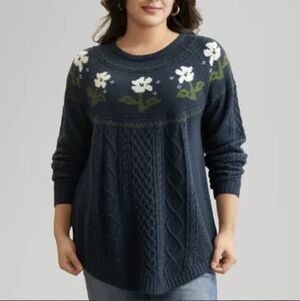 BloomChic Navy Floral Fisherman Cable Knit Sweater
